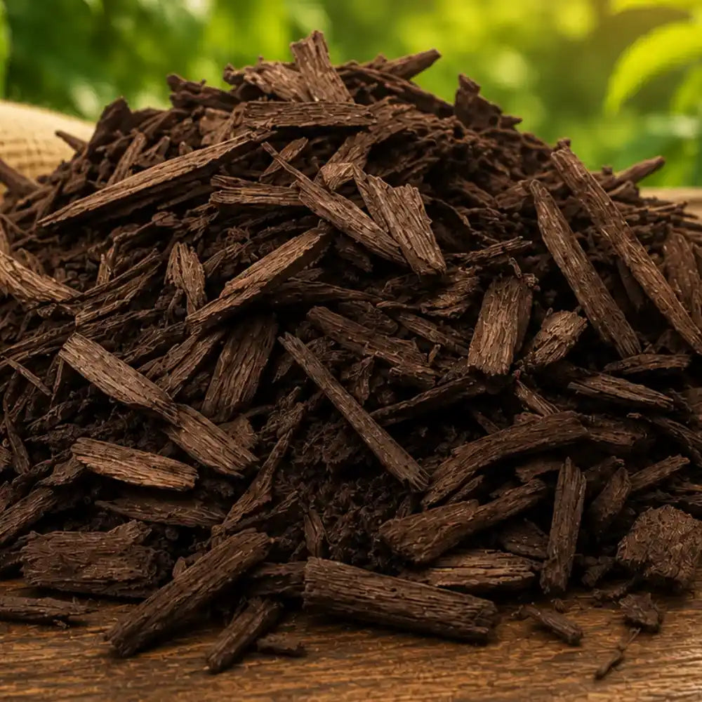 A close-up texture shot of dark brown wood chips or mulch with fine white fibrous material woven throughout.