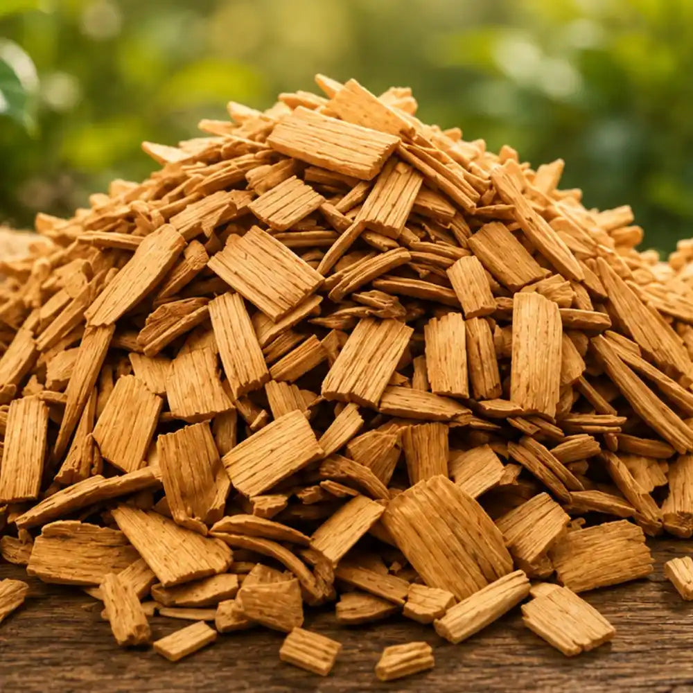 A close-up view of natural wood chips and small green leaves mixed together, likely bark mulch or firewood chips.