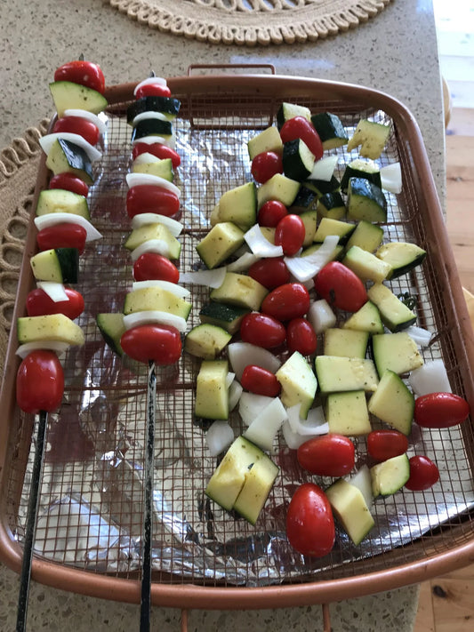 How to roast veggie skewers with onion, tomato, zucchini?