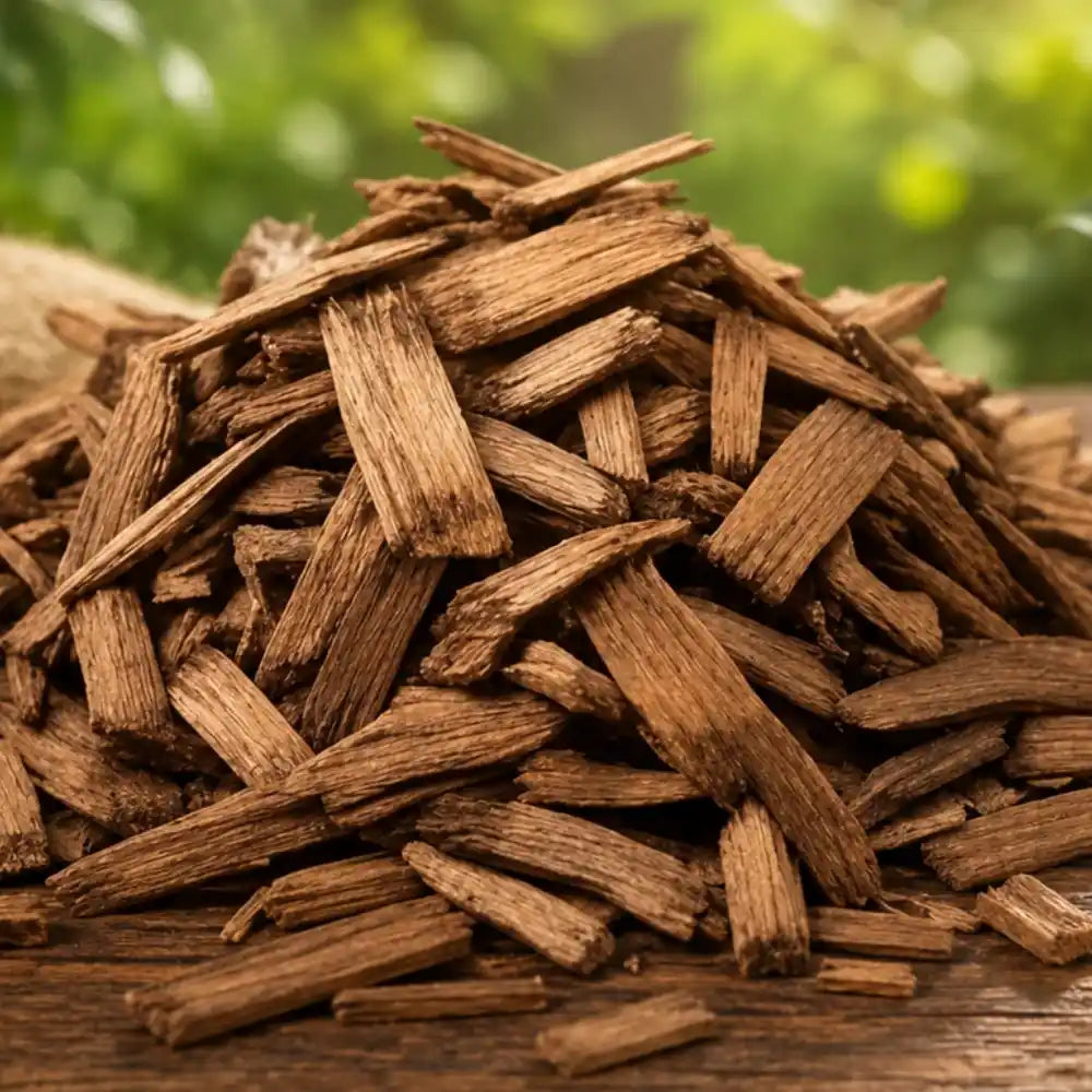 Close-up of shredded brown wood mulch or bark chips with varying shades from light tan to very dark brown.
