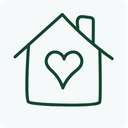A simple dark green line drawing of a house with a heart shape inside, centered on a light gray background.