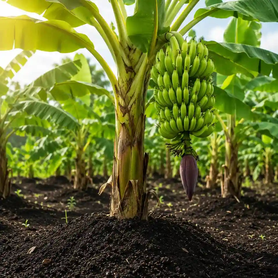 Banana tree with a large bunch of fresh bananas ripening in organic Hawaiian volcanic soil on our farm.