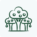A dark green line art icon depicting a cluster of stylized trees, centered on a solid white background.