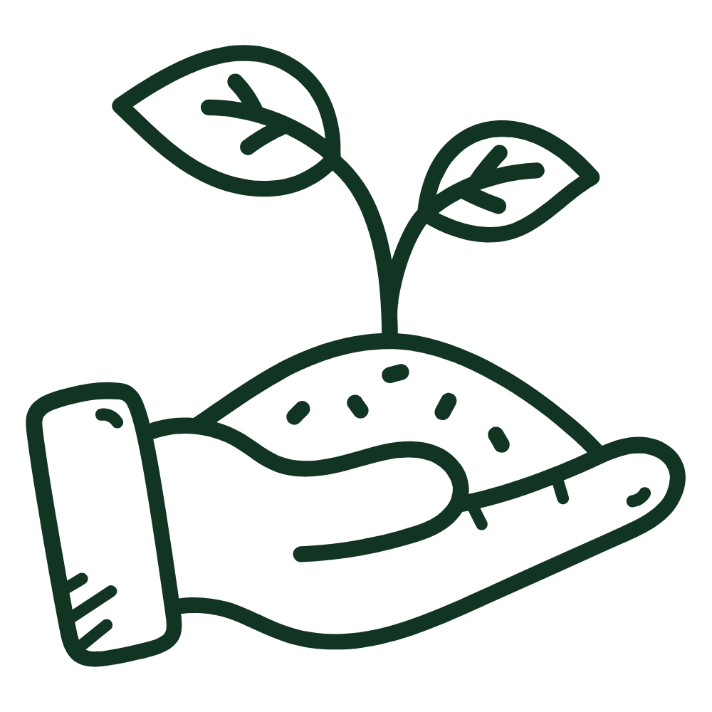Icon of a gentle hand holding a seedling and soil, symbolizing our sustainable commitment to organic Hawaiian volcanic soil farming.
