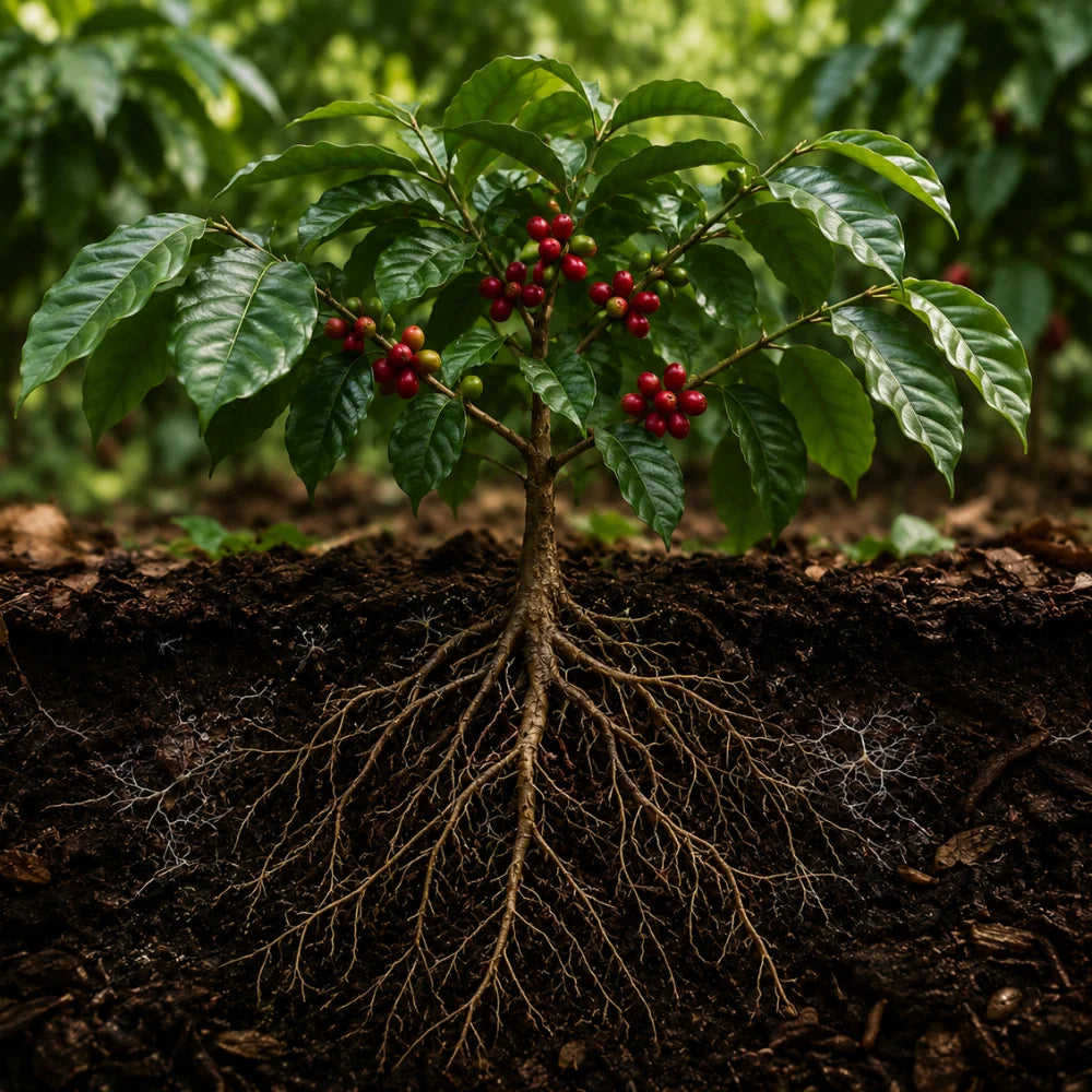 Coffee plant with visible root structure and ripe cherries in organic Hawaiian volcanic soil.