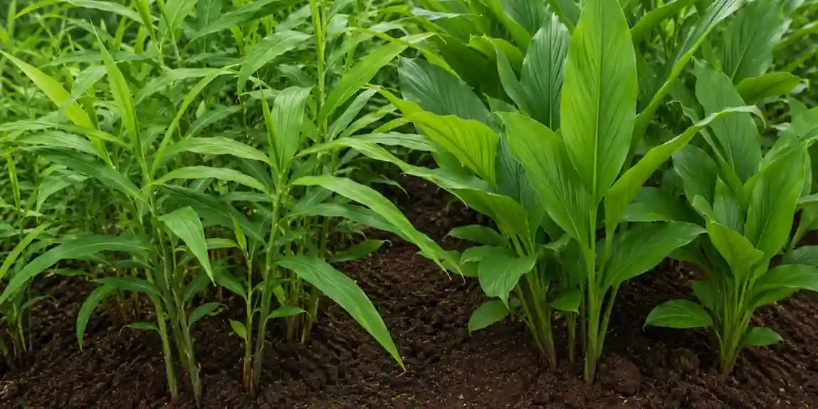 Lush green ginger and turmeric plants growing in organic Hawaiian volcanic soil on our farm.