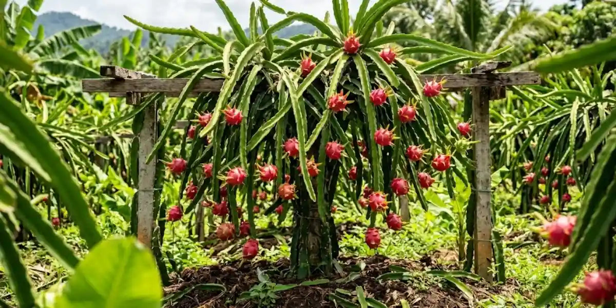 Vibrant dragon fruit growing on our organic farm in rich Hawaiian volcanic soil.
