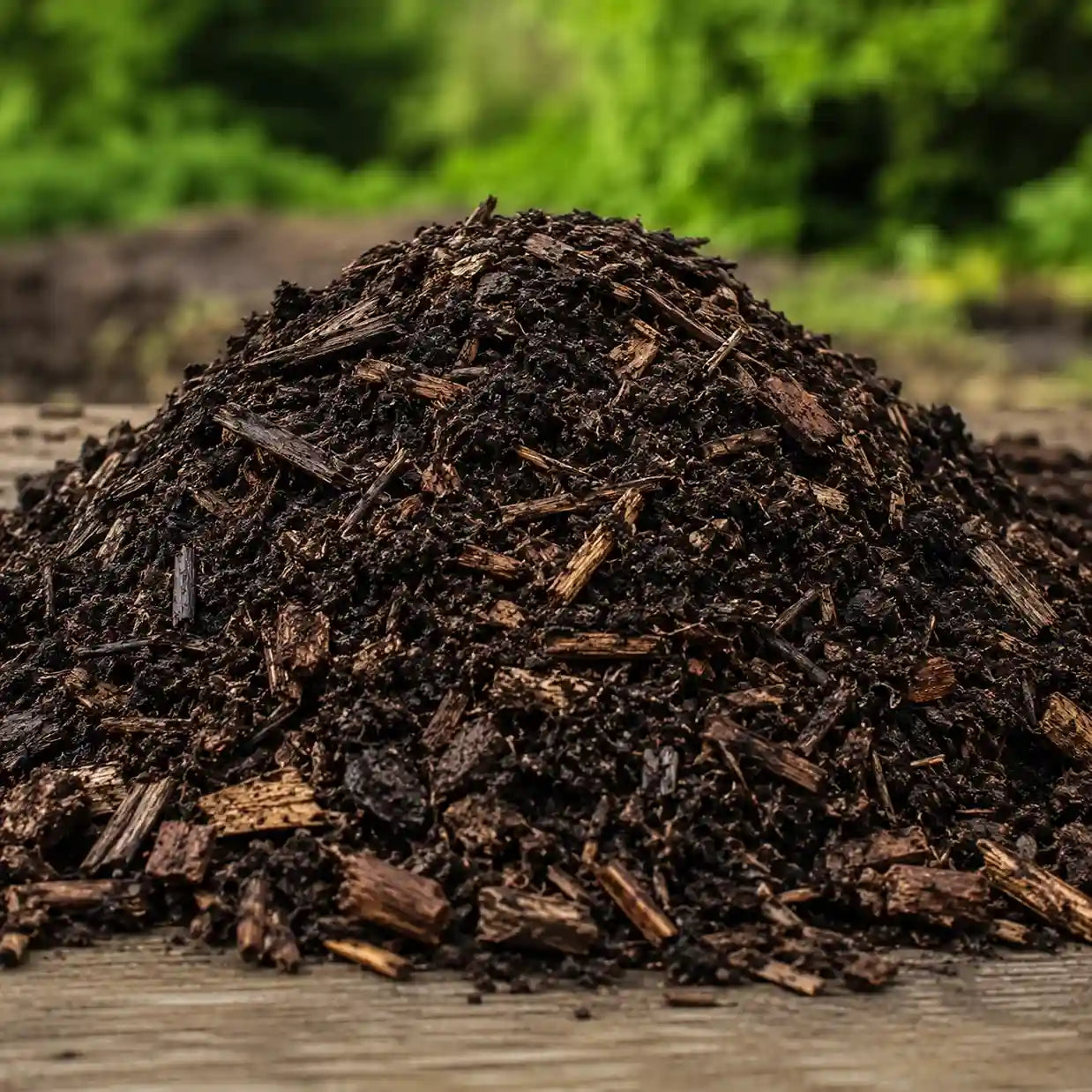 A pile of dark brown wood chips and shredded bark mulch on a wooden surface with a blurred green outdoor background.