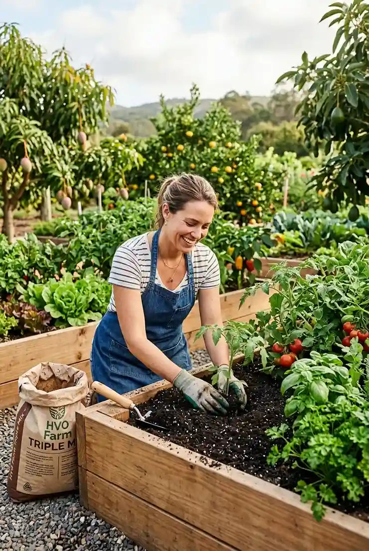 Woman gardening in a community garden with raised beds and plants.