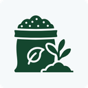 A dark green icon-style illustration of a seed bag with a leaf emblem and small sprouting plants on a light gray background.