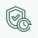 A dark green minimalist icon depicting a shield with a checkmark and a clock, set against a solid white background.