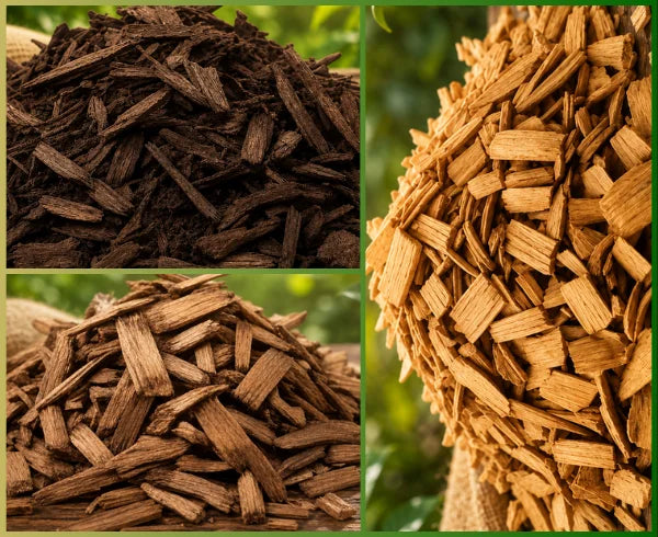 Three large mounds of dried plant material or bark in light tan, medium brown, and very dark brown are piled on a dark road, with a lush green forest and misty mountains in the background.