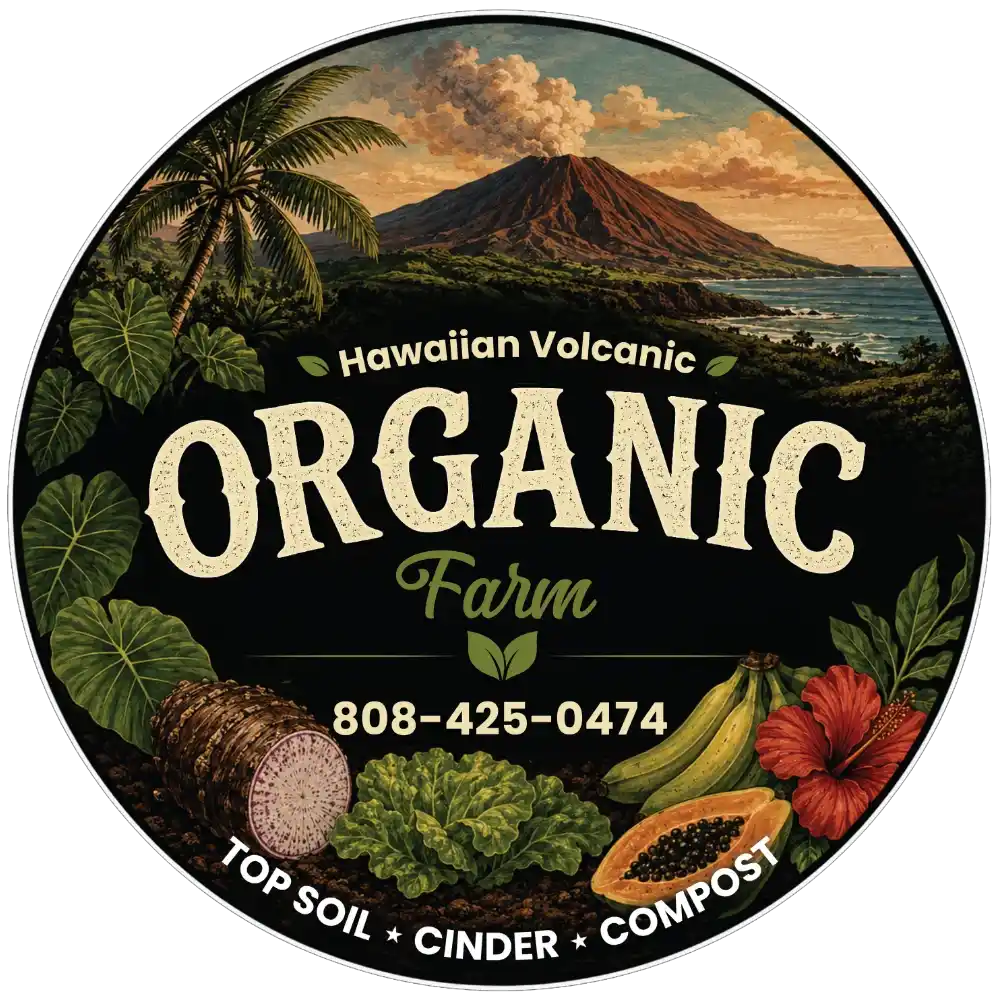 Round organic compost label for Hawaiian Volcanic Organic Farm, featuring an illustrated tropical volcano scene with palm trees, ocean, and vegetables including bananas, lettuce, papaya, and a red hibiscus flower. Text includes the farm name, phone number, and product types: top soil, cinder, and compost.