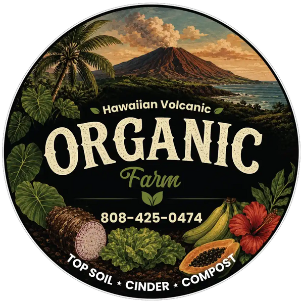 Round organic compost label for Hawaiian Volcanic Organic Farm, featuring an illustrated tropical volcano scene with palm trees, ocean, and vegetables including bananas, lettuce, papaya, and a red hibiscus flower. Text includes the farm name, phone number, and product types: top soil, cinder, and compost.