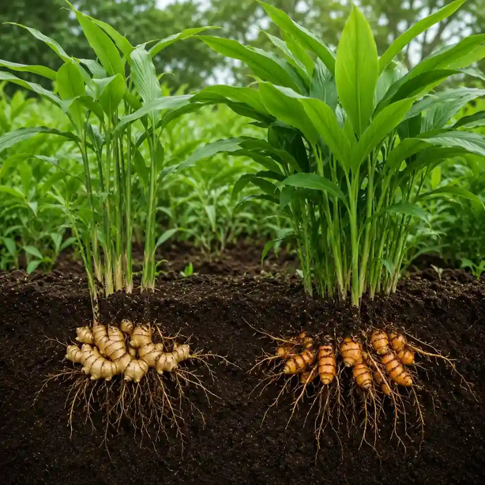 Fresh ginger and turmeric rhizomes growing in nutrient-rich organic Hawaiian volcanic soil on our farm.