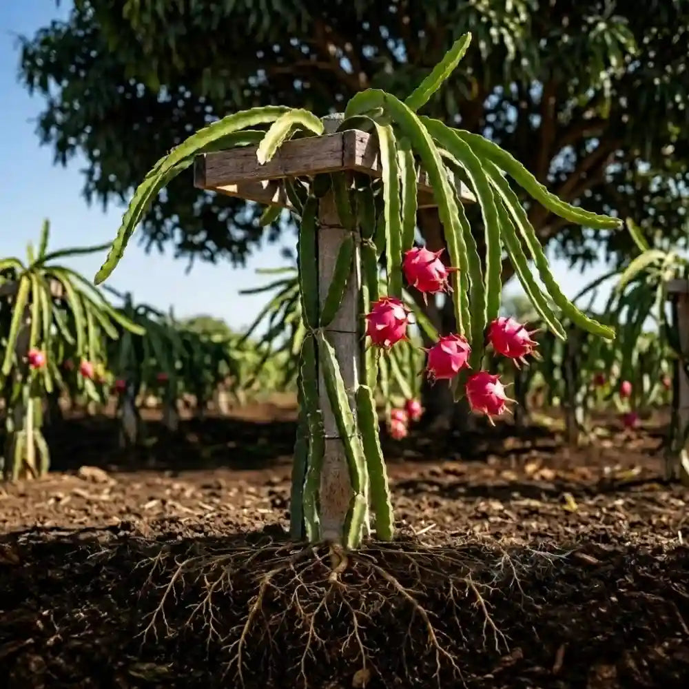 Dragon fruit plant with exposed roots thriving in organic Hawaiian volcanic soil on our farm.