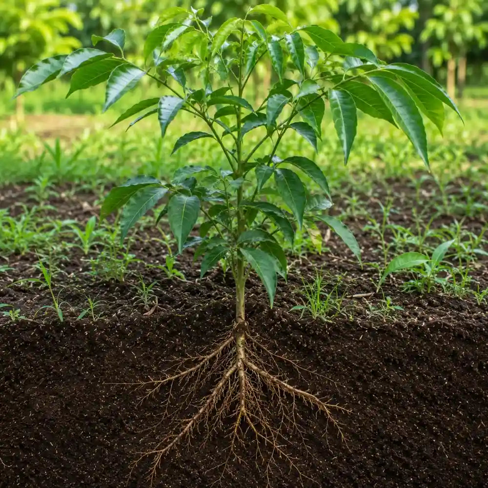 Healthy young sapling showing deep 
root development in organic Hawaiian volcanic soil.
