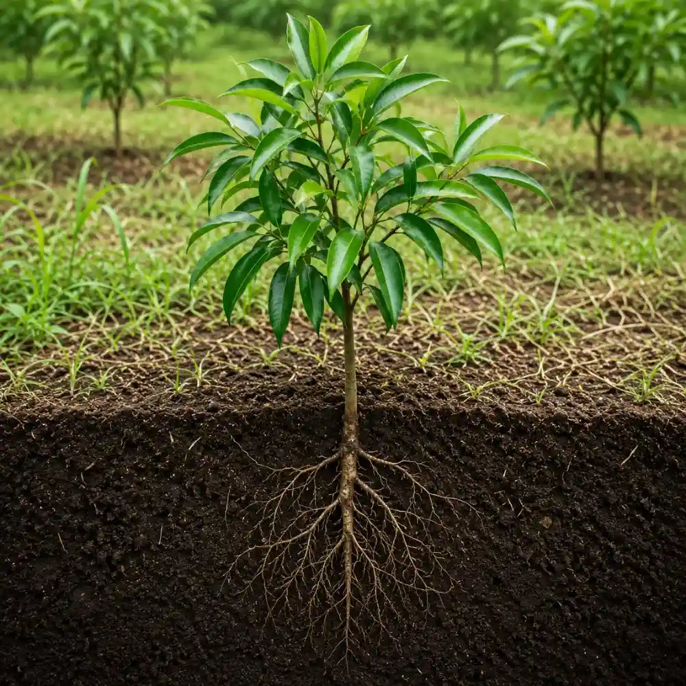 Young sapling demonstrating healthy root development in organic Hawaiian volcanic soil.