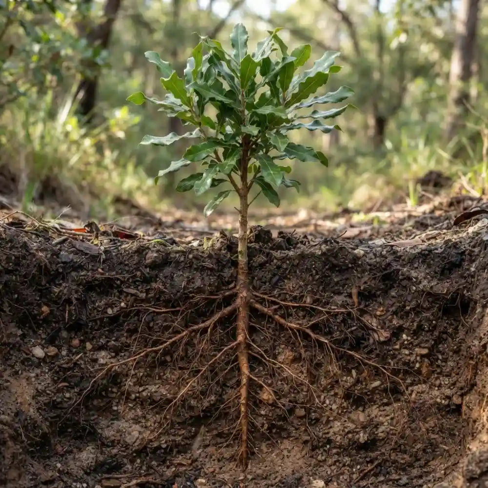 Young macadamia tree showing healthy root structure in organic Hawaiian volcanic soil.