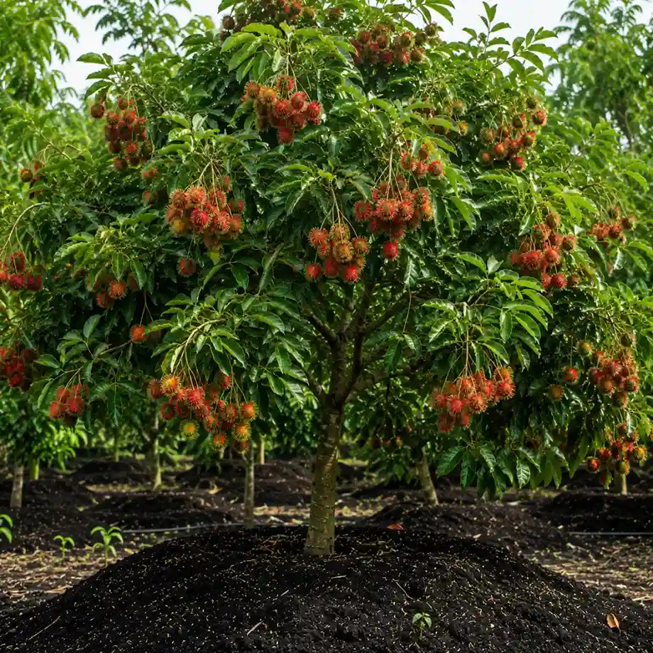 Organic rambutan tree growing in nutrient-rich Hawaiian volcanic soil.