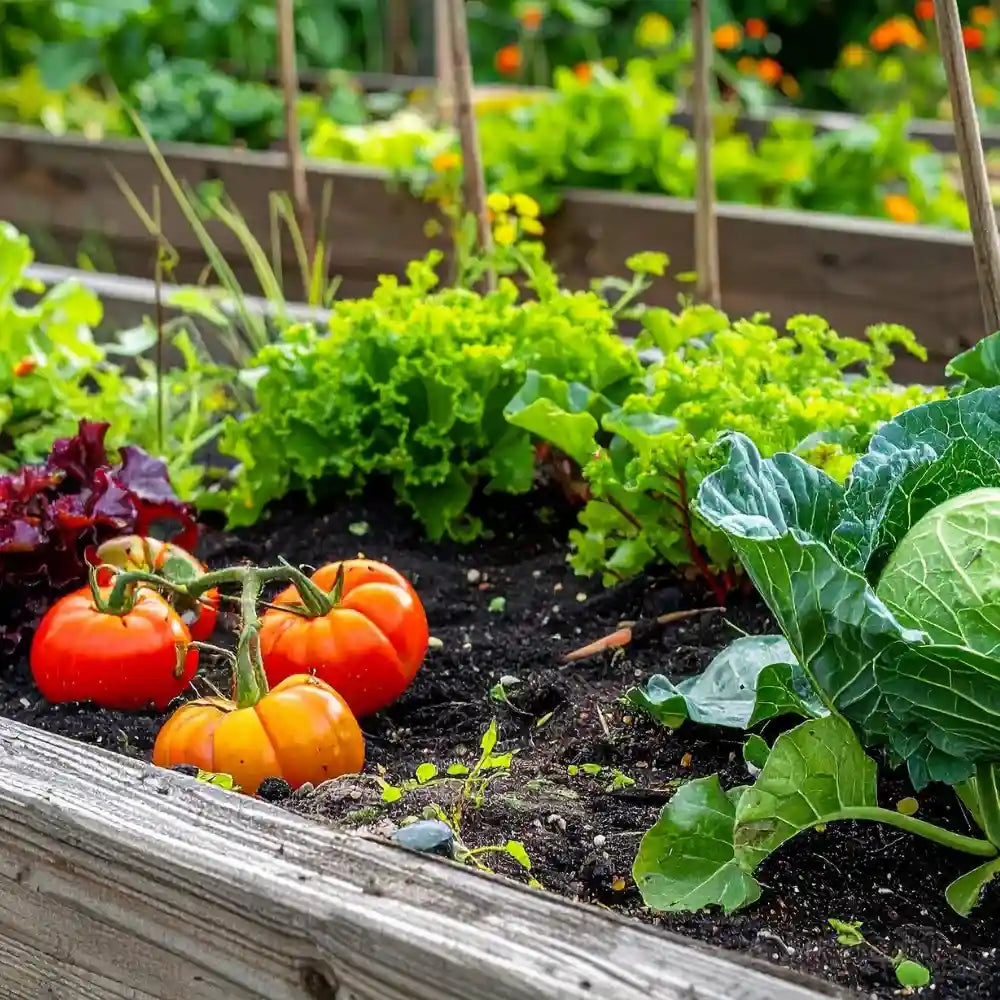 Fresh organic tomatoes and garden greens growing in nutrient-rich Hawaiian volcanic soil at our farm.