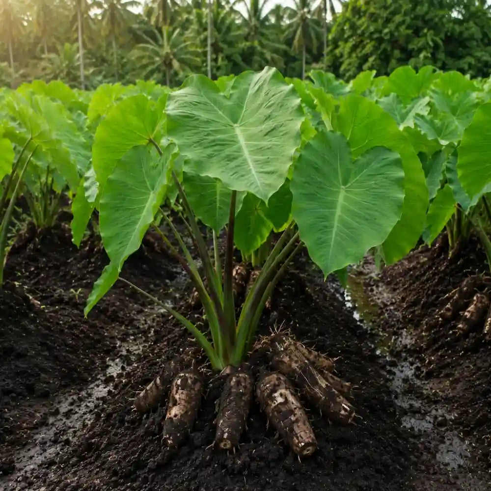 Harvested taro roots and lush green leaves thriving in organic Hawaiian volcanic soil on our farm.
