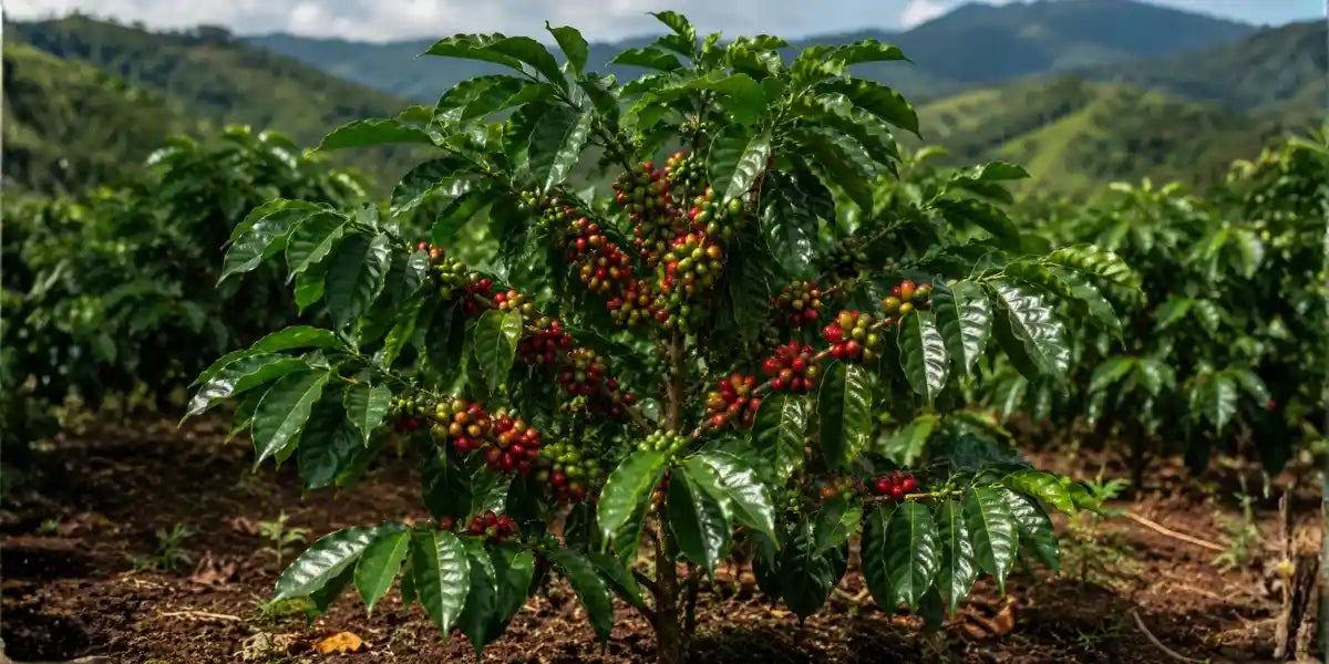 Coffee plant laden with ripe cherries, grown in organic Hawaiian volcanic soil.