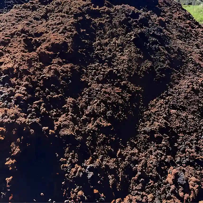 A close-up view of a large pile of dark brown and black compost or soil material under bright daylight.