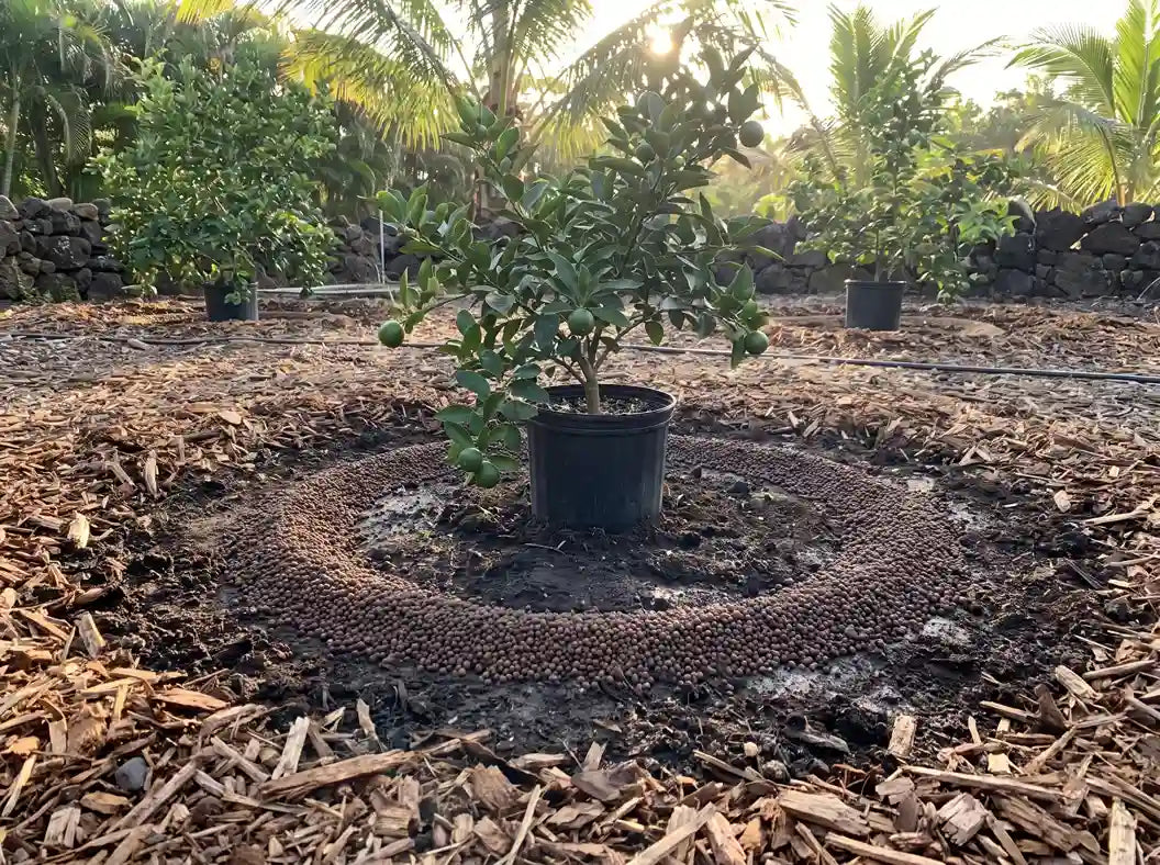 A potted citrus tree with green leaves and small unripe fruits, planted in a circular bed of bark chips on a mulched ground, with other trees and palm trees in the background.
