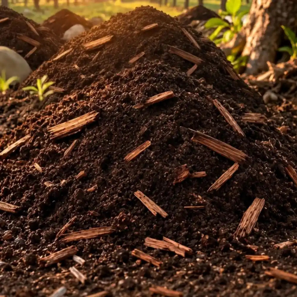 A mound of dark brown compost or soil amendment mixed with wood chips and bark pieces, photographed outdoors in warm natural light.