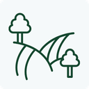 A minimalist line icon depicting a grassy field with two stylized trees on a solid white background.