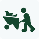 A dark green minimalist icon of a person pushing a wheelbarrow on a plain white background.